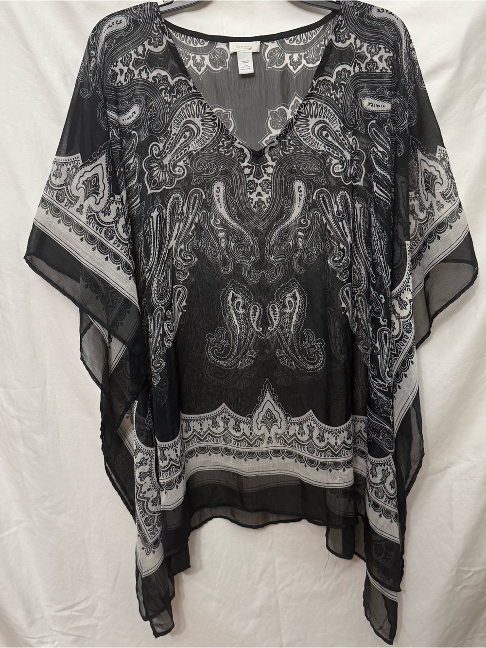 Chico's Traveler's Paisley V-Neck Poncho Top - Black/White, One Size